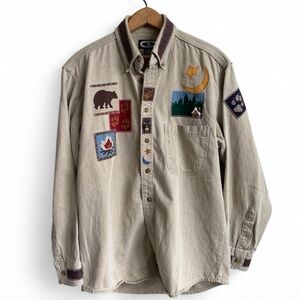 Vintage Three Rivers Camp Lodgecore Shirt Beige Bear Canoe Applique Cabin SMALL
